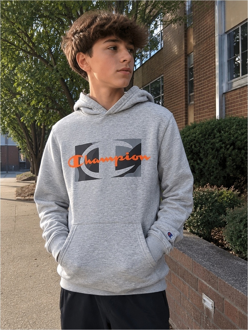Champion Youth Large Logo Hoodie Gray Pullover Sweatshirt